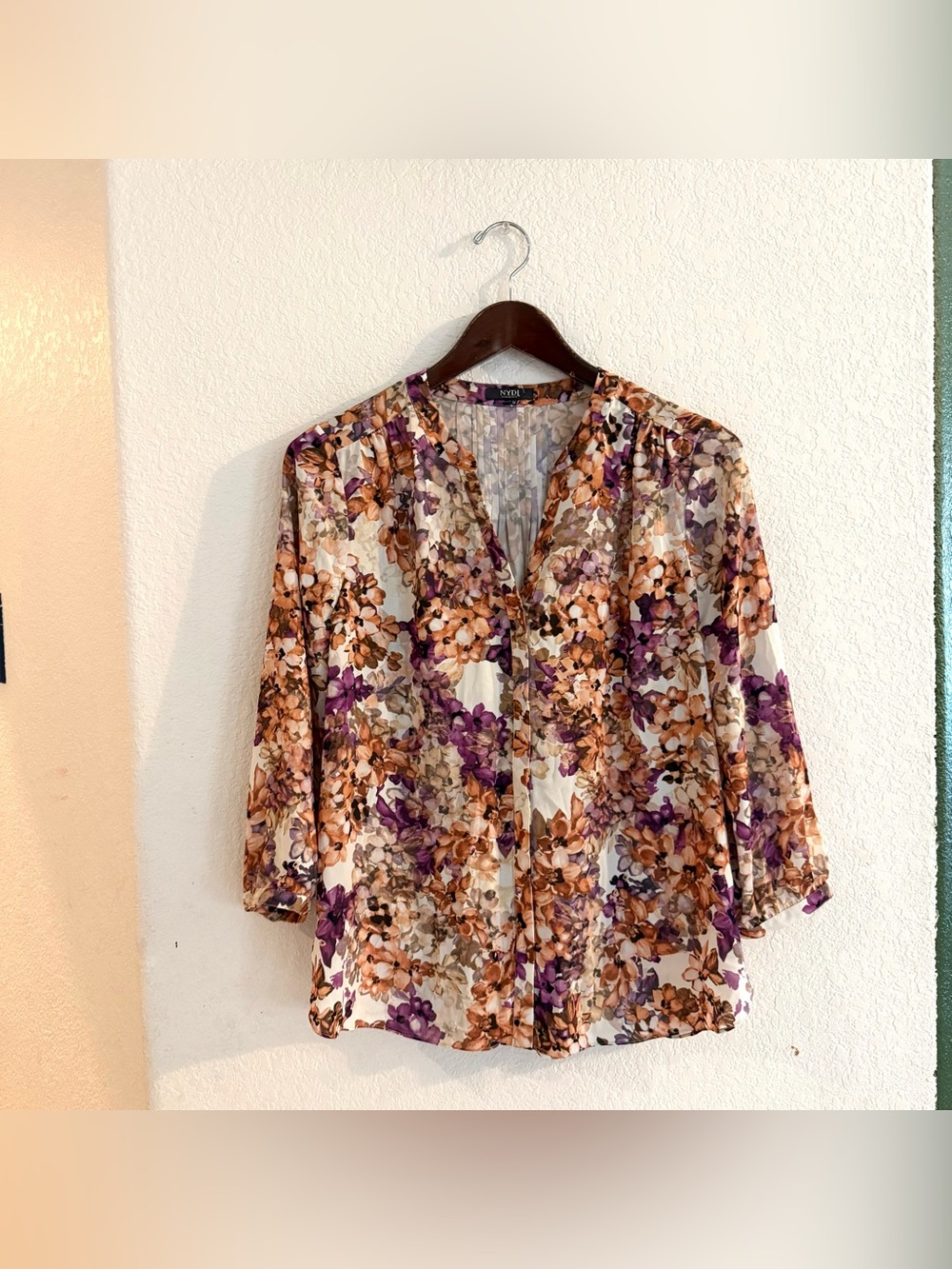 NYDJ Womens Shirt Blouse Orange Purple Floral 3/4 Sleeve Pleated Size Small